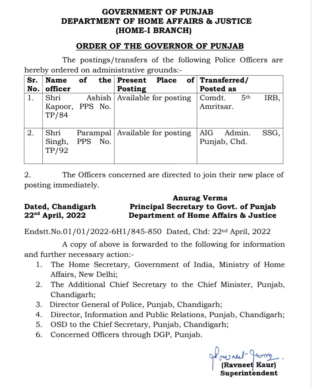 Transfer of PPS Officers by Punjab Govt