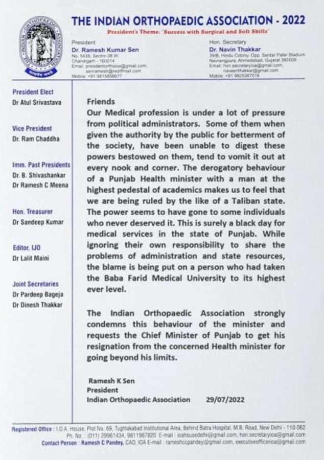 the Indian Orthopedic Surgeons Association has demanded the resignation of Chetan Singh Jaudamajra from the Health Minister.