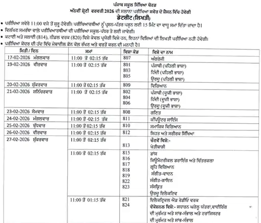 PSEB Exam 2026 date sheet