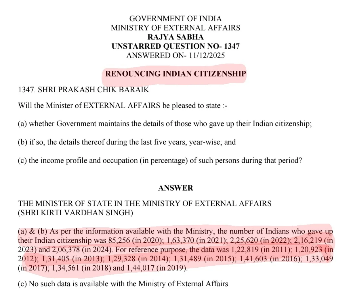 ਭਾਰਤੀਆਂ ਨੇ ਨਾਗਰਿਕਤਾ ਛੱਡੀ