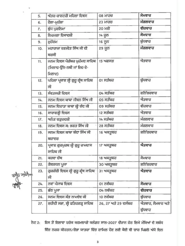 ਪੰਜਾਬ ਛੁੱਟੀਆਂ 2027